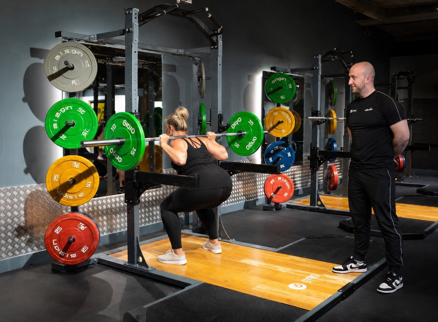 Personal trainer coaching a client through a barbell squat in the gym